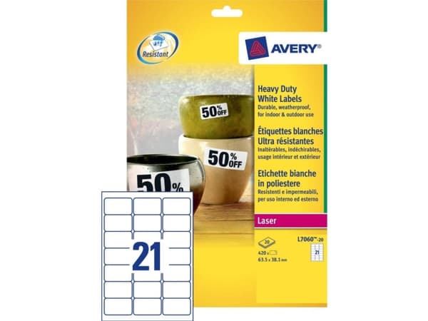 Avery Heavy Duty Laser Labels - Polyester - hvit - 63.5 x 38.1 mm 420 etikett(er) (20 ark x 21) merkelapper