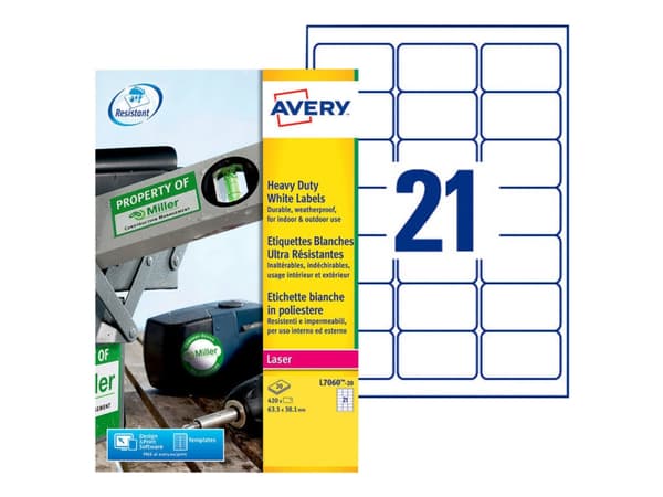 Avery Heavy Duty Laser Labels - Polyester - hvit - 63.5 x 38.1 mm 420 etikett(er) (20 ark x 21) merkelapper