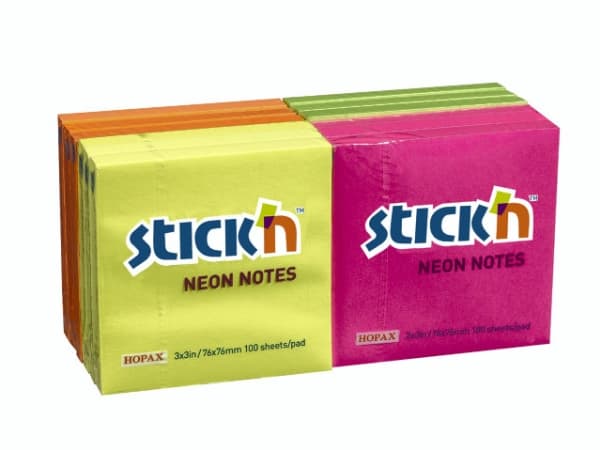 Stick Notes Neon 76x76mm, gul, blå, magenta, grön. Pk/12 st ass.127x56x153mm 0,838kg (12st) - (12 st per förpackning)