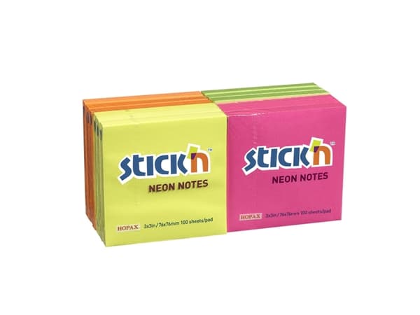 Stick Notes Neon 76x76mm, gul, blå, magenta, grön. Pk/12 st ass.127x56x153mm 0,838kg (12st) - (12 st per förpackning)