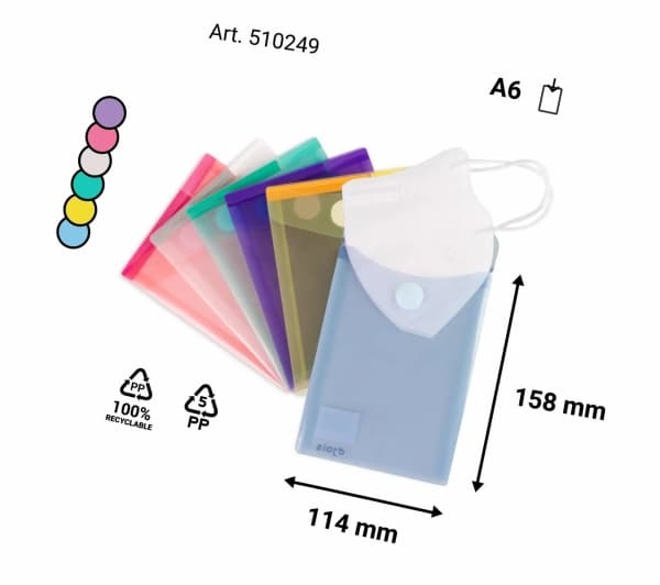 A6 Plastlomme Åbent kort side, ass. Farver med Velcro luk 6 stk