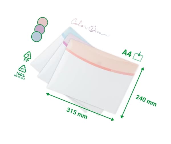 A4 Plastficka i pastellfärger med kardborreförslutning 6 st.