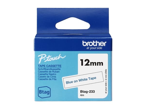 Brother BTAG-233 - Blått på hvitt - Rull (1,2 cm x 4 m) 1 kassett(er) hengeboks - merketape