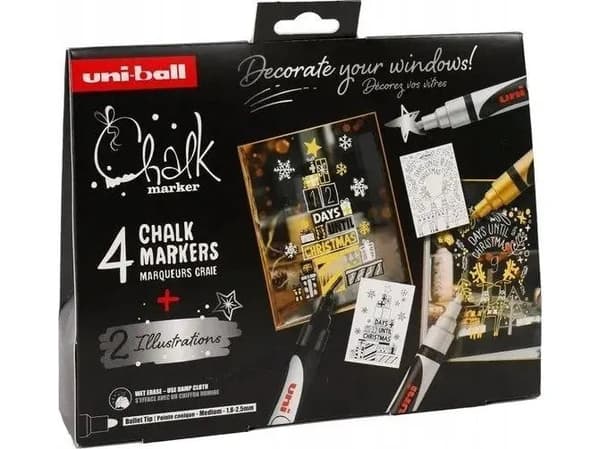 Uni krittmerkesett X-mas med 4 stk. PWE-5M (farger hvit, svart, gull, sølv) + 2 illustrasjonsark