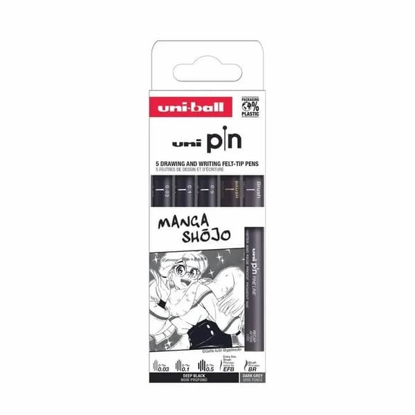 Uni Pin set "manga shojo" 5stk (0,03/0,1/0,5/ekstra fine brush/dark grey brush) pigmented ink