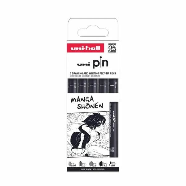 Uni Pin set "manga shonen" 5 stk (0,05/0,3/0,8/1,2/brush) black pigmented ink