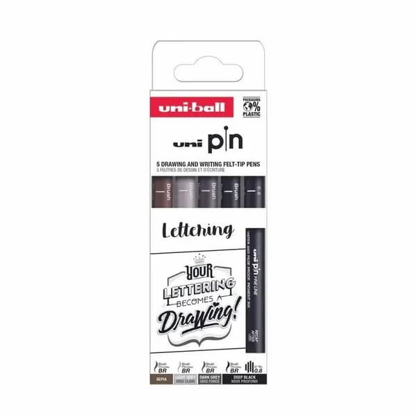 Uni Pin set "lettering" 5 stk (brush sepia, light grey, dark grey, black/0,8) pigmented ink
