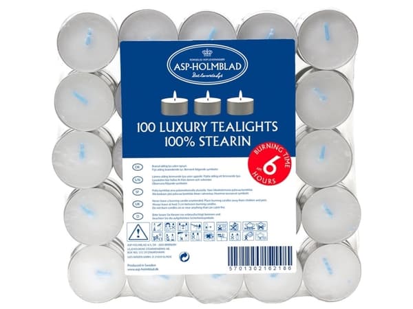 Värmeljus Brinntid 6 timmar Ø38xH17mm Stearin Vit,6 pk x 100 st/krt