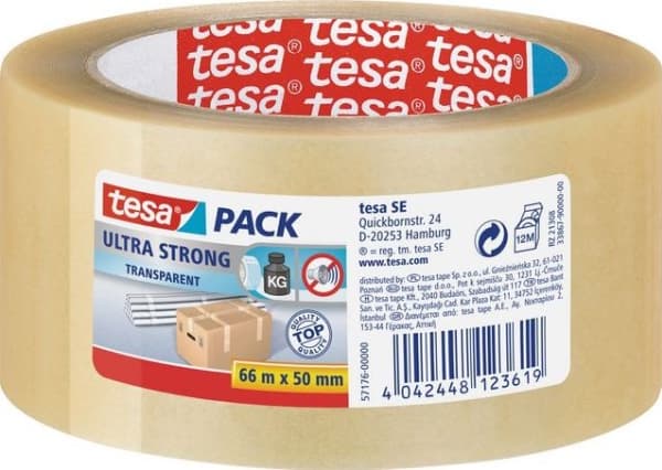 Pakkausteippi, Tesapack Ultra Strong 57176, PVC, 50 mm x 66 m, kirkas