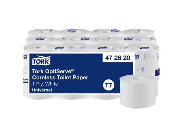 Toalettpapper Tork OptiServe T7 1-lagers vit med hylsa 143,8 m 24 rullar/bricka 472620
