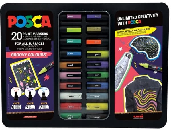 POSCA Gift Metal Tin, 20ass. Groovy Colours (6xpc1mc - 7xpc3m - 7xpc5m)