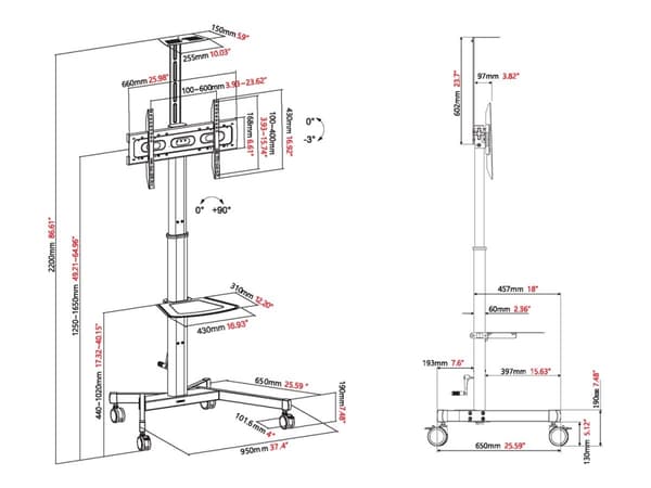 Vision X-Series VFM-F21 - Vogn - for flatpanel / videokonferansesystem - høydejusterbar, maks. 50 kg - stål - svart - skjermstørrelse: 31"-80"