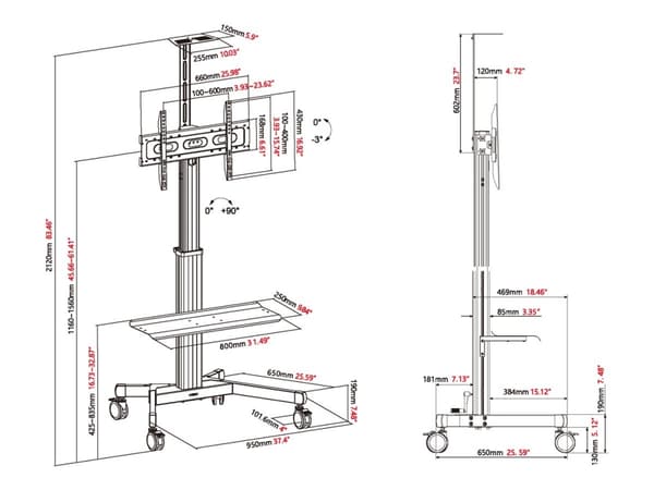 Vision X-Series VFM-F22 - Vogn - høydejusterbar - for LCD-skjerm - stål, aluminium - matt svart - skjermstørrelse: 31"-80"