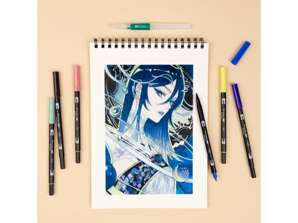 Tombow ABT-6P-MANGA-WIND, Blå, Brun, Grön, Ljusgrön, Ljusrosa, Orange, Svart, ABT-555, -346, -133, -850, -905, -879, 6 färger, Penspets, 6 styck