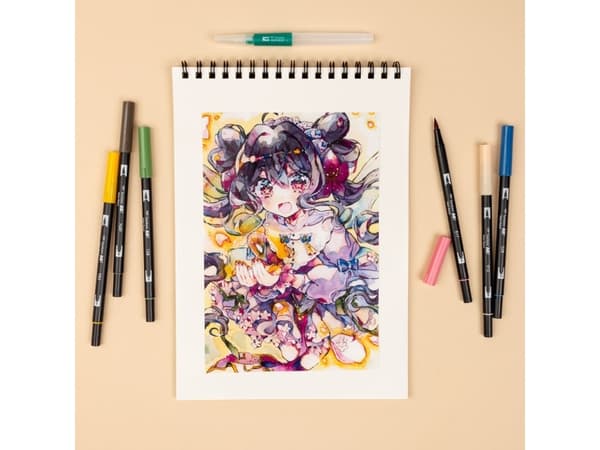 Tombow ABT-6P-MANGA-WIND, Blå, Brun, Grön, Ljusgrön, Ljusrosa, Orange, Svart, ABT-555, -346, -133, -850, -905, -879, 6 färger, Penspets, 6 styck
