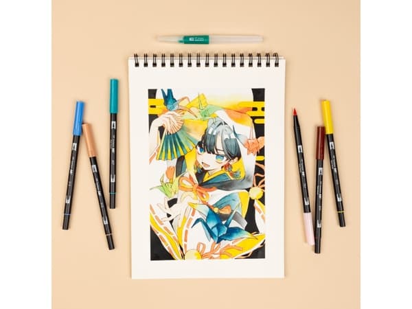 Tombow ABT-6P-MANGA-WIND, Blå, Brun, Grön, Ljusgrön, Ljusrosa, Orange, Svart, ABT-555, -346, -133, -850, -905, -879, 6 färger, Penspets, 6 styck