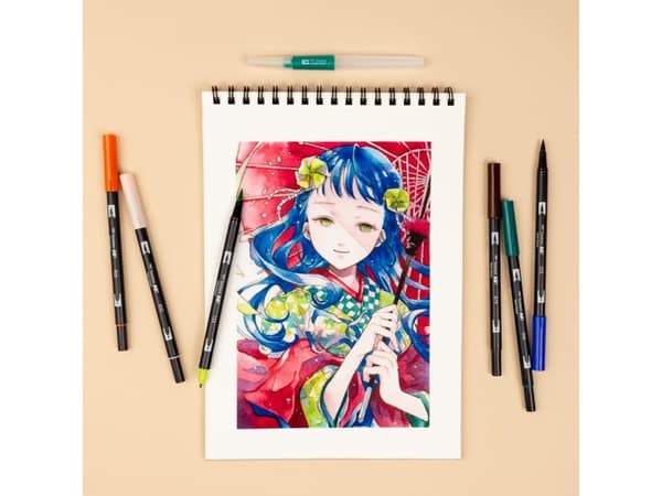 Tombow ABT-6P-MANGA-WIND, Blå, Brun, Grön, Ljusgrön, Ljusrosa, Orange, Svart, ABT-555, -346, -133, -850, -905, -879, 6 färger, Penspets, 6 styck
