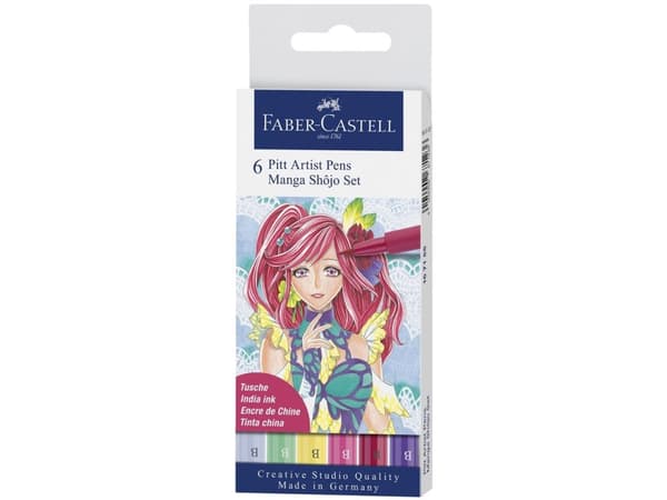 Faber-Castell PITT Artist Pen Manga Shôjo - Penselpenna - permanent - för trä, kanvas - ljusgul glasyr, rosa karmin, purpurviolett, ftalogrön, rosa k