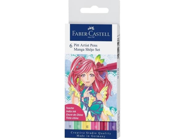 Faber-Castell PITT Artist Pen Manga Shôjo - Penselpenna - permanent - för trä, kanvas - ljusgul glasyr, rosa karmin, purpurviolett, ftalogrön, rosa k