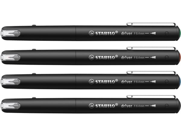 STABILO dr!ver, Svart, Blå, Grön, Röd, Fin, Svart, Vattenbaserat bläck, 0,4 mm, Metall