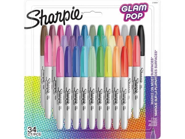Sharpie 2198891, 34 styck, Svart, Grön, Orange, Rosa, Lila, Röd, Gul, Fin spets, Svart, Orange, Rosa, Grön, Lila, Gul, Röd, Glam, 1 mm