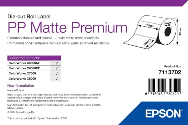 Epson Premium - Polypropylen (PP) - matt - permanent akryl-adhesiv - 105 x 152 mm 800 etikett(er) (1 rull(er) x 800) stanseskårne etiketter