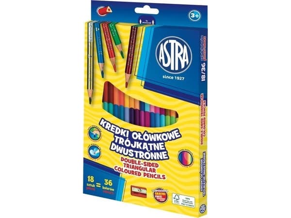 ASTRA triangular double-sided pencils - 18 crayons 36 colors with sharpener