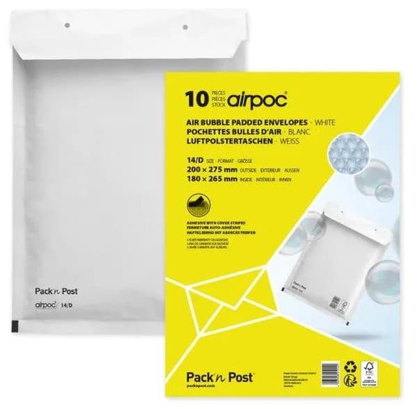 MAILmedia-kuplakuoret, tyyppi D14, valkoinen, 21 g Ulkomitat: 200 x 275 mm, sisämitat: 175 x 265 mm (412140)