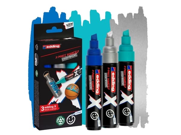 Edding 6900 X Multimarker, Blå, Sølv, Turkis, Meisel tupp, Resirkulert plast, Wood/laminate, 2 mm, 1 cm