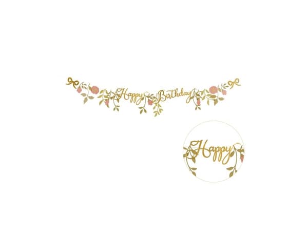 Baner Happy Birthday kwiaty różowo złote 1.3m