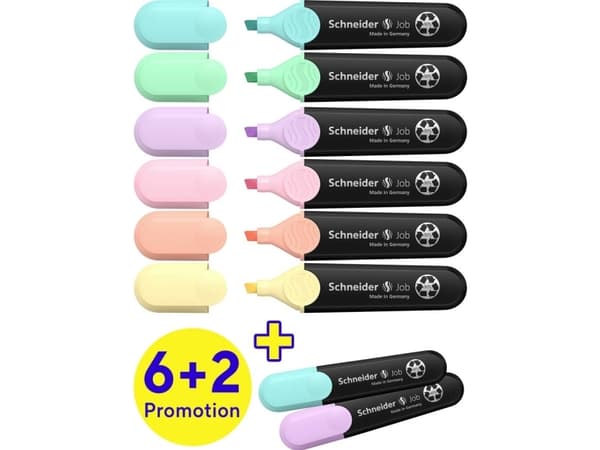 Schneider Skriveinstrumenter Tekstmarkør Highlighter Job Action 6+2 pappeske 8 stykker Pastell 115090 1 stk.