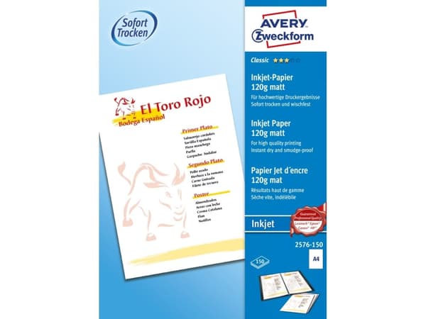 Avery 2576-150, Mustesuihkutulostus, A4 (210x297 mm), Matta, 150 arkkia, 120 g/m², Valkoinen