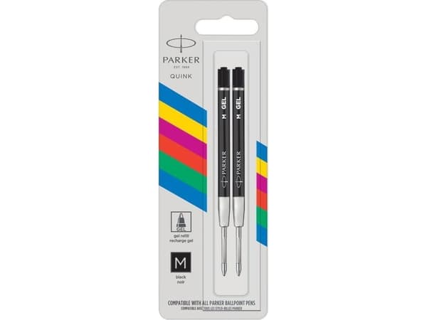 Parker Quinkflow, Sort, Medium, Sort, Sølv, Gelépenn, 2 stykker