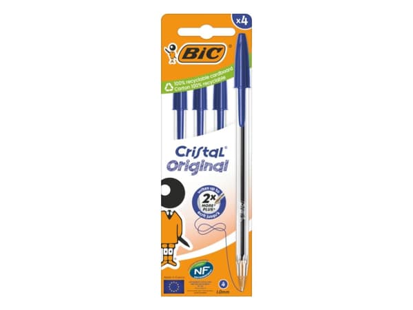 BIC Cristal Original, Klämma, Kulspetspenna, pinnformad, Blå, 4 styck, Medium