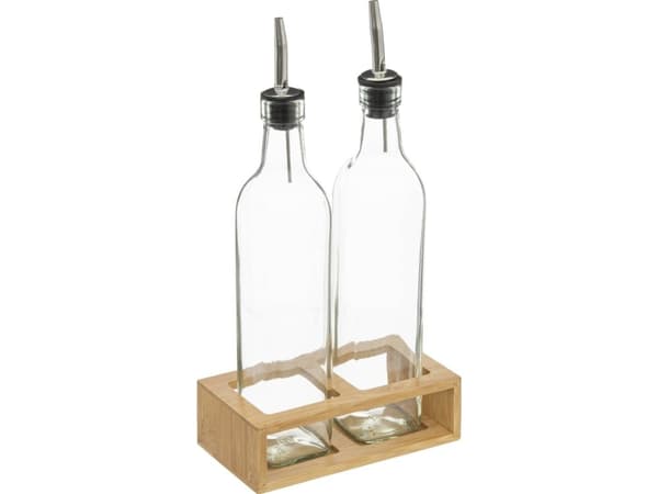 5fem olje- og eddikflasker med dispenser + bambusstativ