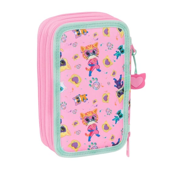 Triple Pencil Case SuperKitties Pink Turquoise 12,5 x 19,5 x 5,5 cm 37 Pieces