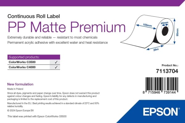 EPSON PP Matte Label 102mmx29m kuitti-/kuponkirulla (jatkuva)