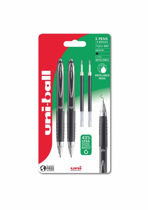 Uni-ball Signo 207 fine 2stk Sorte rollerpenne+ 2stk refills. Med behageligt gummigreb, stregbredde 0,5mm