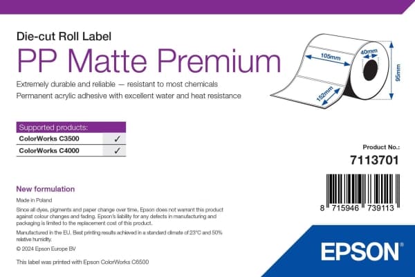 Epson Premium - Polypropeeni (PP) - matta - pysyvä akryyliliima - 105 x 152 mm 185 tarraa (1 rulla (1 rulla) x 185) leikattu tarra - ColorWorks CW-C4