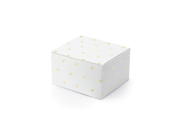 Presentförpackningar med hjärtan, vita och guld