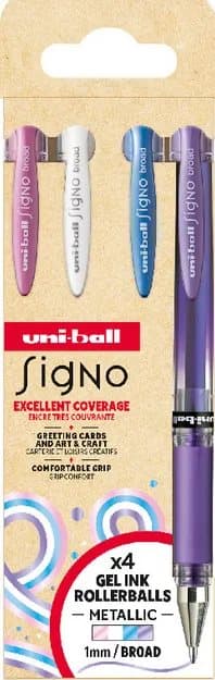 Uni-ball Signo Gel Ink Penne 4stk ( Met. Pink - Hvid - Met. Blå - Met. Violet)) UM-153 broad 1,0mm streg