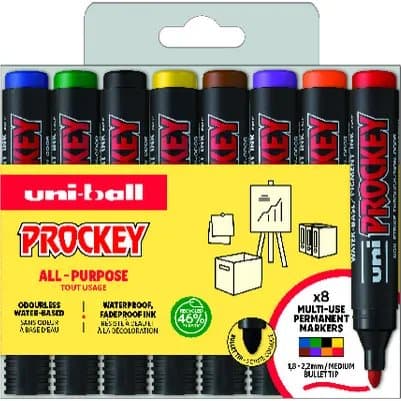Uni Prockey Marker 8stk sæt Rund Spids (sort, rød, blå, grøn, gul, brun, orange, violet) streg 1,8-2,2mm - Vandbaseret blæk, Waterproff, Fadeproff, o