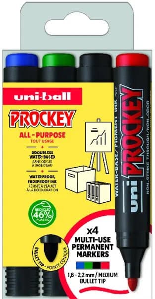 Uni Prockey Marker 4stk sæt Rund Spids (sort, rød, blå, grøn) streg 1,8-2,2mm - Vandbaseret blæk, Waterproff, Fadeproff, odourless ink
