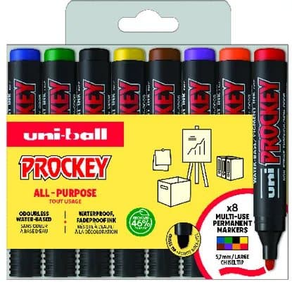 Uni Prockey Marker 8stk sæt Kantet Spids (sort, rød, blå, grøn, gul, brun, orange, violet) streg 5,7mm - Vandbaseret blæk, Waterproff, Fadeproff, odo