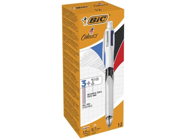 BIC 4 Colours 3+1HB - 3 färgkulspetspennor och kombinationsstiftpenna - svart, röd, blå, grå - indragbar - med radergummi (paket om 12)