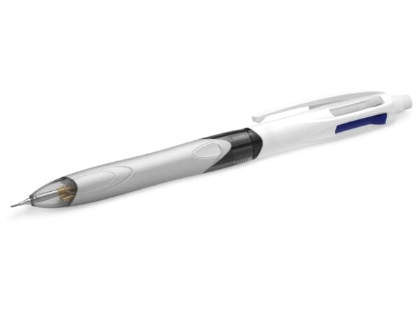 BIC 4 Colours 3+1HB - 3 färgkulspetspennor och kombinationsstiftpenna - svart, röd, blå, grå - indragbar - med radergummi (paket om 12)