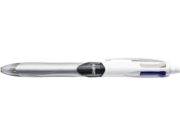 BIC 4 Colours 3+1HB - 3 färgkulspetspennor och kombinationsstiftpenna - svart, röd, blå, grå - indragbar - med radergummi (paket om 12)
