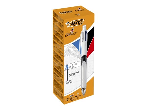 BIC 4 Colours 3+1HB - 3 färgkulspetspennor och kombinationsstiftpenna - svart, röd, blå, grå - indragbar - med radergummi (paket om 12)