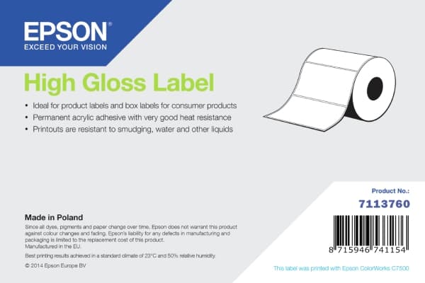Epson högglansig etikett - kontinuerlig rulle: 102 mm x 33 m, självhäftande skrivaretikett, utstansad etikett, rulle, bläckstråleskrivare, akryl, per