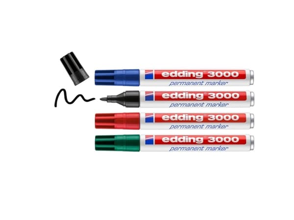 Edding 3000, Sort, Blå, Grønn, Rød, Projektil spiss, Aluminium, 1,5 mm, 3 mm, Fotoark kartong, Glass, Lær, Metall, Plast, Tre